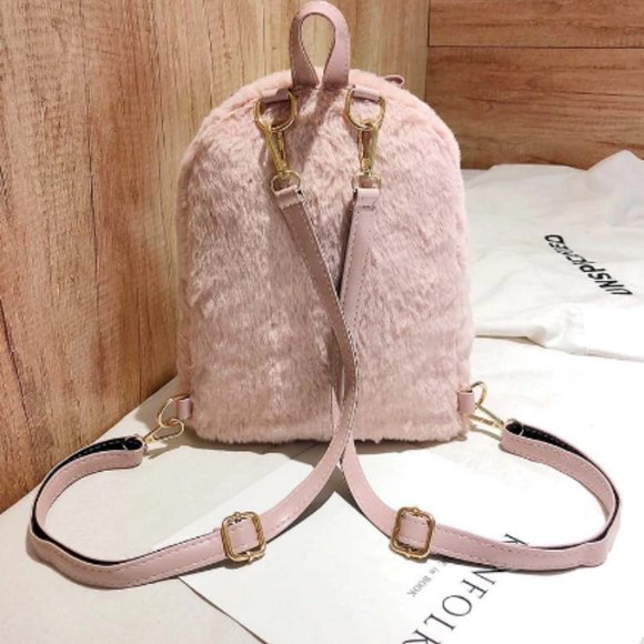 New Winter Cute Faux Fur Mini Backpack Rabbit Ear Women Travel Shoulder Bags Fas